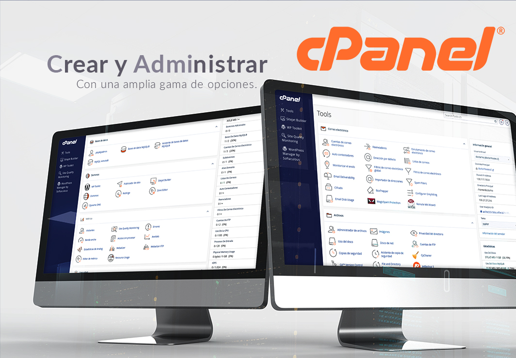 Dos monitores de computadora muestran la interfaz de cPanel con varios íconos de herramientas. El texto de arriba dice "Crear y Administrar" y "cPanel" en color naranja. El fondo sugiere sutilmente un entorno de oficina, destacando los servicios de Hosting en Chile de primer nivel para las necesidades de su negocio.