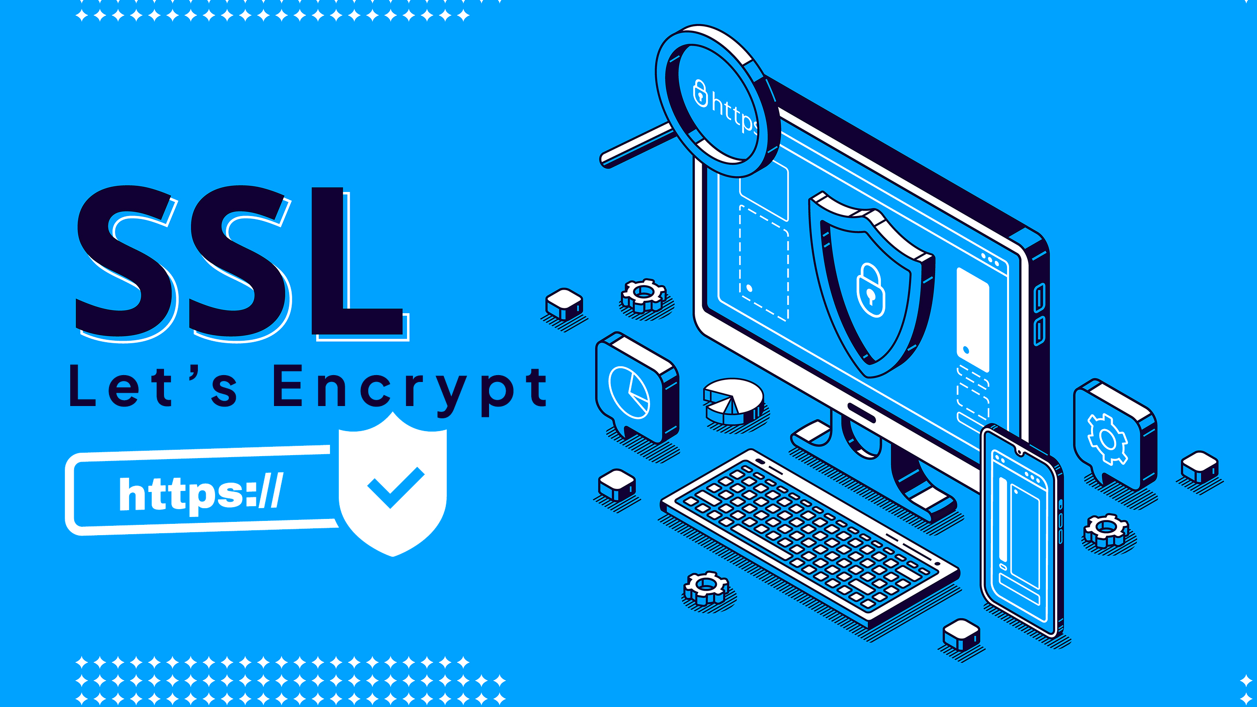 Ilustración de una computadora, un smartphone y una tableta con iconos como un escudo y un candado para la seguridad SSL. El texto dice "SSL Let's Encrypt" con una marca de verificación dentro de un escudo junto a "https://", que resalta el certificado SSL. El fondo es azul con elementos digitales.