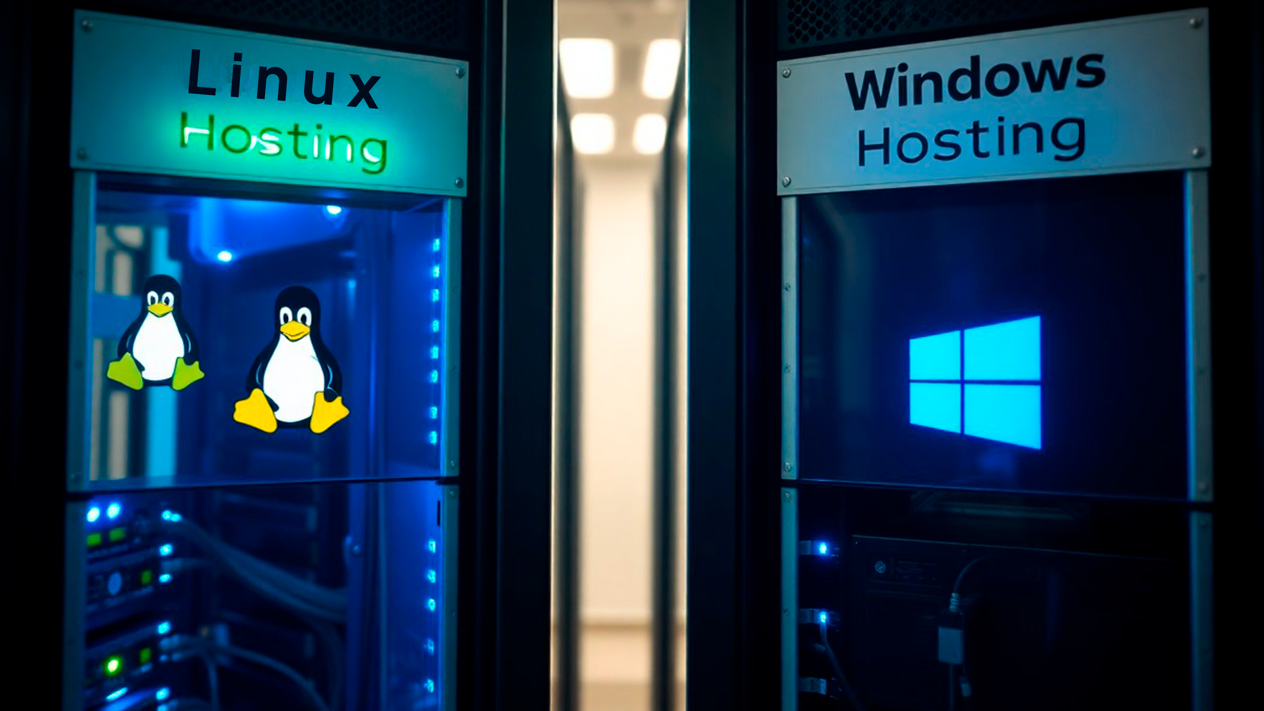 Dos racks de servidores se encuentran uno junto al otro: uno con la etiqueta "Hosting Linux" y el otro con el icónico logotipo de Windows, "Hosting Windows". Ambos servidores brillan suavemente con luces azules, reflejando una fusión perfecta de tecnología y diseño.
