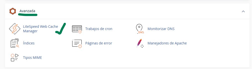 LiteSpeed Web Cache Manager en cPanel para WordPress 3 Captura de pantalla de un panel de control de alojamiento web en español, que muestra opciones en la sección Avanzada, incluyendo LiteSpeed Web Cache Manager, trabajos cron, monitoreo de DNS, índices, páginas de error, controladores de Apache y tipos MIME.