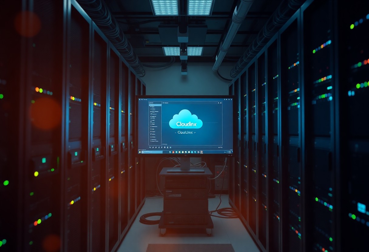 Una sala de servidores con poca luz cuenta con filas de bastidores de servidores negros con luces indicadoras de colores. En el centro, un monitor muestra una interfaz de servicio en la nube con la palabra "CloudLink" sobre un gran icono de nube.