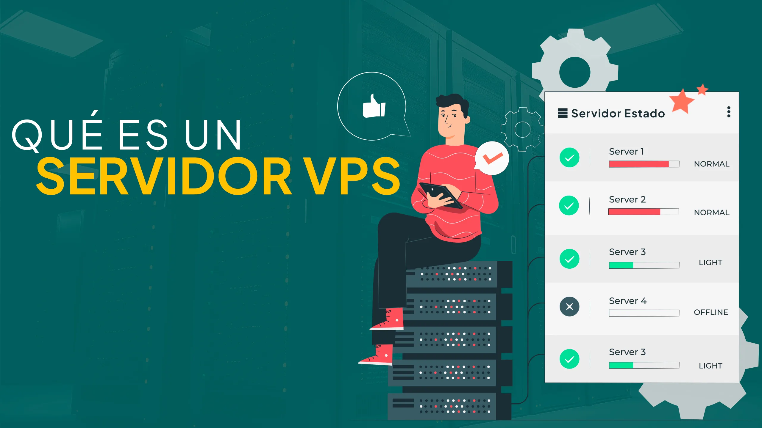 Ilustracion de persona sentada en rack de servidores con lista de verificacion de estado del VPS