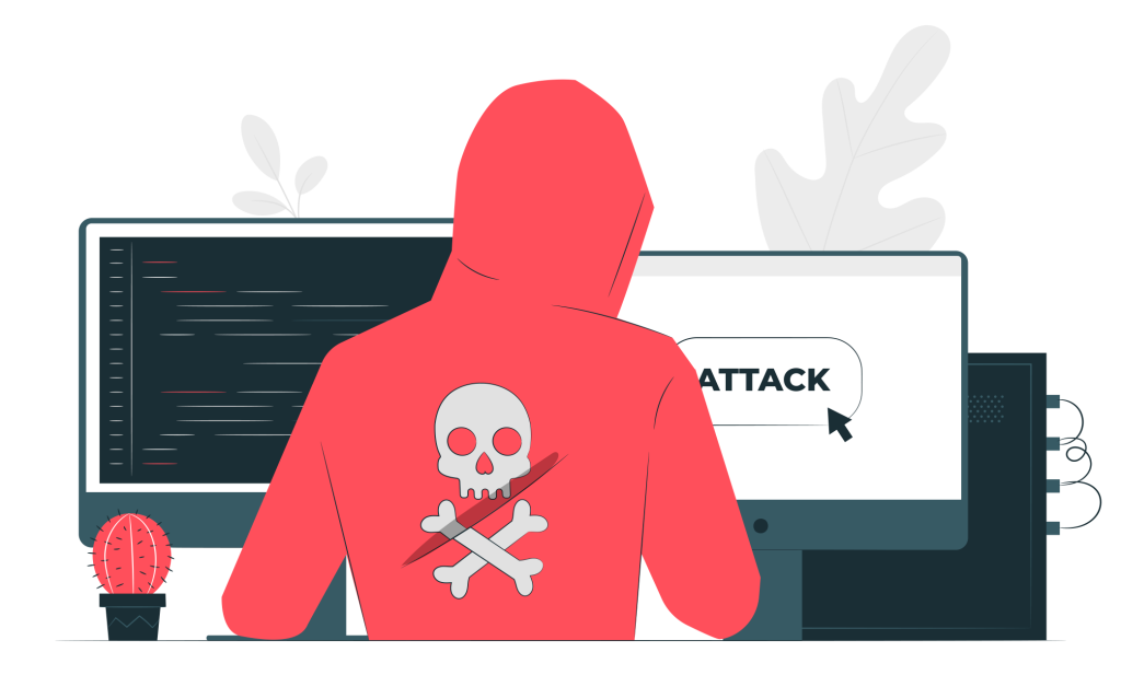Ciberataques en DataCenter 2025 2 Ciberataques en DataCenter Una persona que viste una sudadera roja con el símbolo de una calavera y huesos cruzados está sentada frente a una computadora en Chile, frente a dos monitores (uno muestra un código y el otro un botón de "ATACAR"), lo que ilustra el aumento de los ciberataques en los centros de datos.