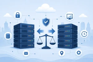 WireNet Chile vs HostingPlus: ilustracion comparativa de dos proveedores chilenos de hosting con servidores, escudo de seguridad y elementos de infraestructura cloud