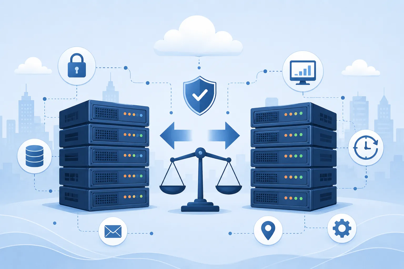 WireNet Chile vs HostingPlus: ilustracion comparativa de dos proveedores chilenos de hosting con servidores, escudo de seguridad y elementos de infraestructura cloud