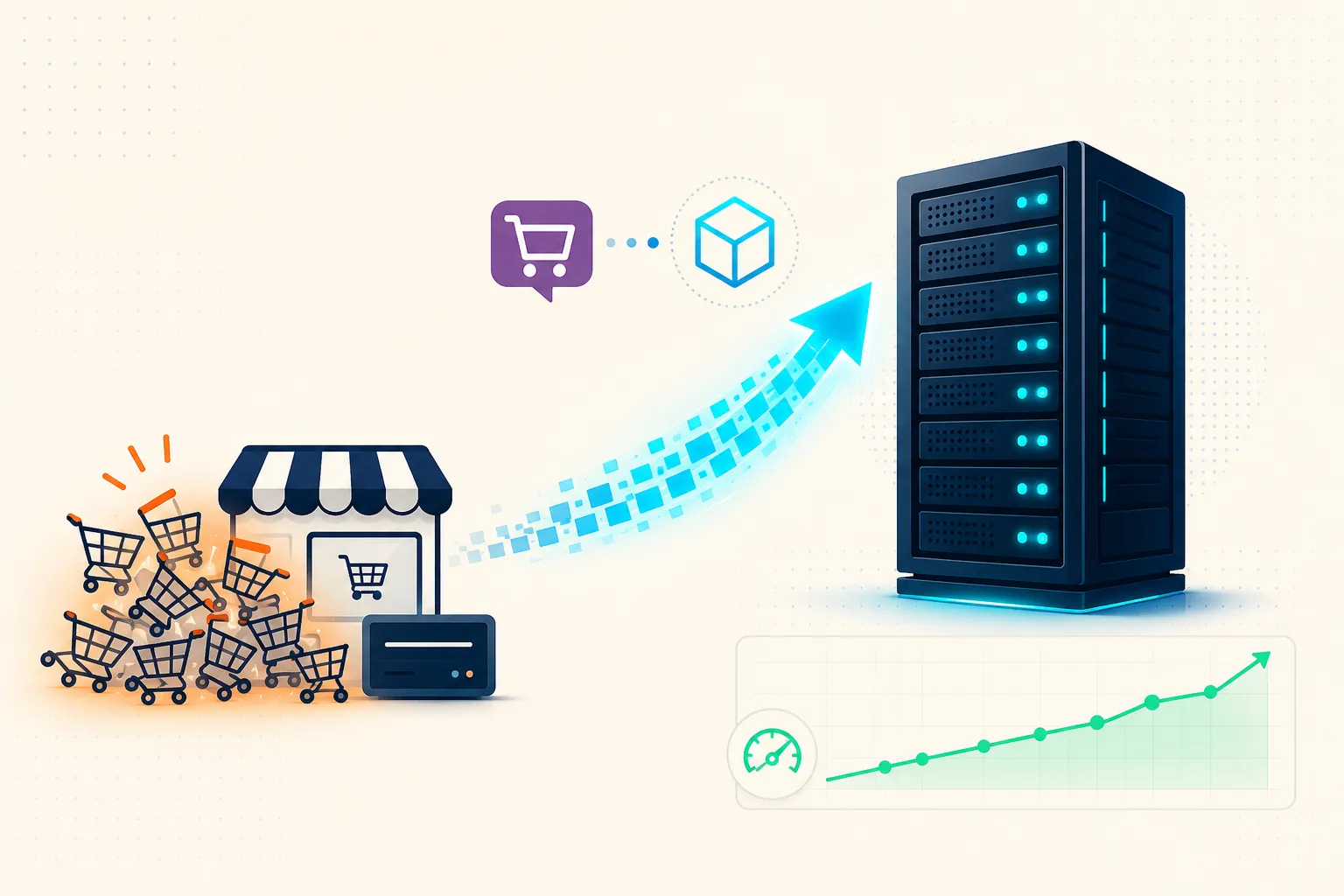 WooCommerce VPS Chile: ilustración de migración de hosting compartido a VPS para tiendas online